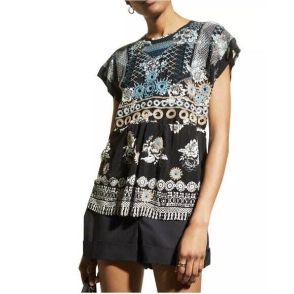 Johnny Was Embroidered Perlette Tie Back Silk Top Short Sleeve Sz Small NWT $275 - Picture 12 of 13